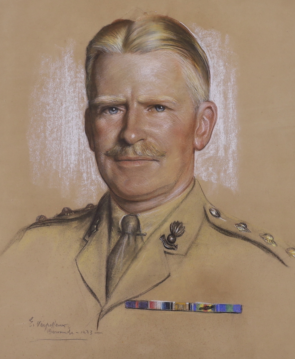 Émile Antoine Verpilleux M.B.E. (1888-1964), set of four heightened pastels, Family portraits including a gentleman wearing military dress, signed and inscribed Bermuda 1933, largest 52 x 43cm